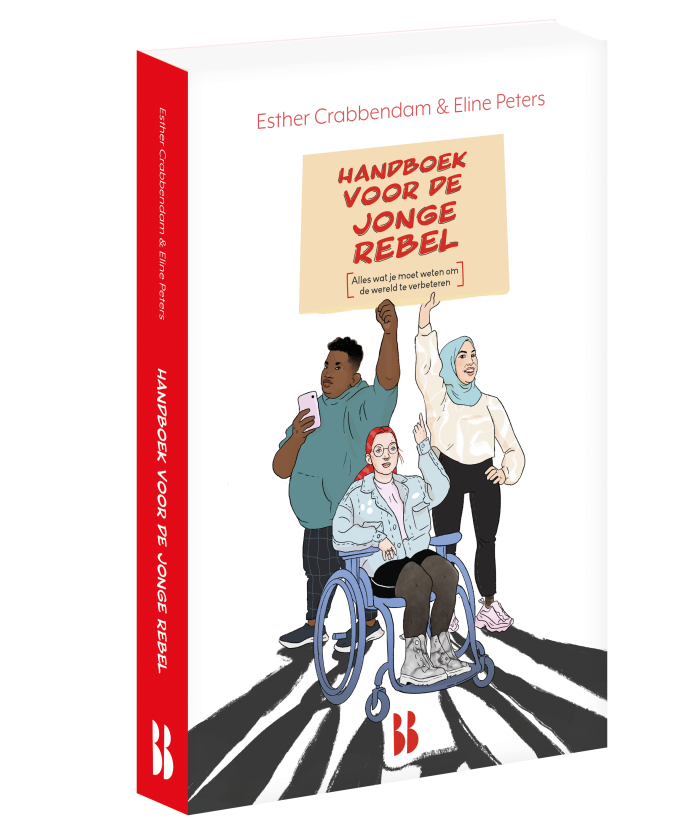 Het omslag van Handboek voor de jonge rebel. Op het omslag staan drie jongeren die een actiebord vasthouden.