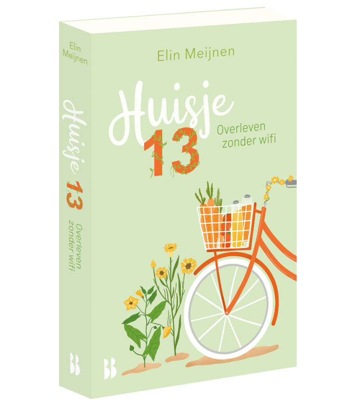 Het omslag van roman Huisje 13. Op het omslag staan bloemen en een fiets met een mandje, gevuld met groente en flessen sap.